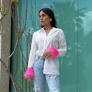 Boss Babe Hot Pink Feather Wrist Button Down Shirts
